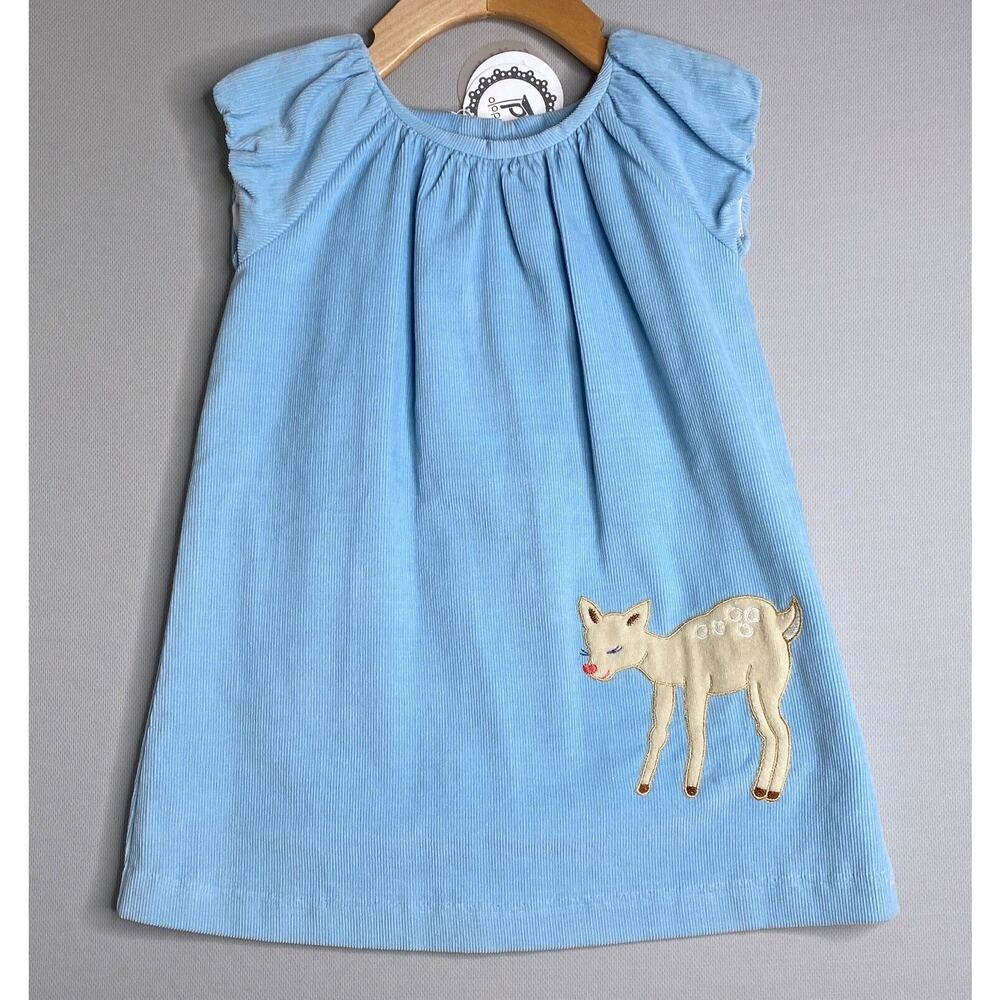 NWT Dondolo Deer/Fawn Appliqué Short Sleeve Blue Corduroy Dress Girls 24 Mo
